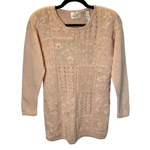Vintage Kathie Lee Sweater Women XS Patchwork Floral Embroidered Cottage Grandma